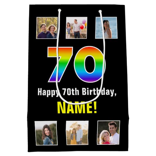 70誕生日: Rainbow "70"，写真カスタムと名前 ミディアムペーパーバッグ (裏面)