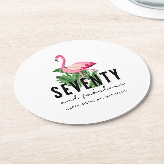 70&素晴らしいピンクフラミンゴ70誕生日 ラウンドペーパーコースター (アングル)