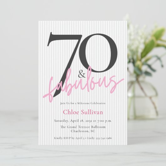 70+華やかピンクスクリプト 70歳の誕生日パーティー 招待状 (スタンド正面)