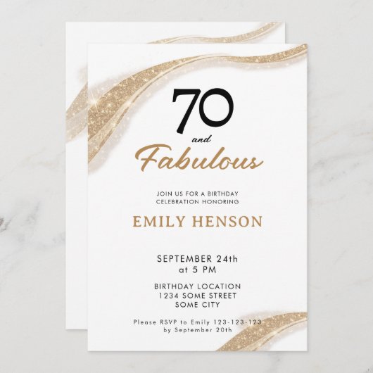 70 and Fabulous Gold 70th Birthday Invitation 招待状 (正面/裏面)