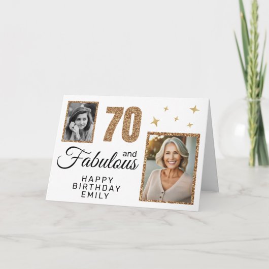70 and Fabulous Gold Glitter 2 Photo 70th Birthday カード (正面)