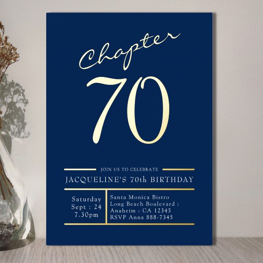 70 Blue 70th Birthday Party金ゴールド 箔招待状