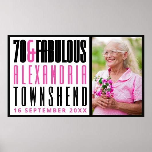 70 & Fabulous 迫力タイポグラフィー 写真入り70歳の誕生日 ポスター (正面)
