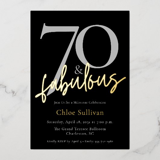 70 & Fabulous Gold Script Chic Birthday Party 箔招待状 (正面)