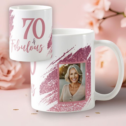 70 & Fabulous Pink Glitter 2 Photo 70th Birthday コーヒーマグカップ