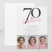 70 & Fabulous Pink Script 3 Photo Birthday Party 招待状 (正面/裏面)