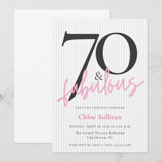 70 & Fabulous Pink Script 70th Birthday Party 招待状 (正面/裏面)