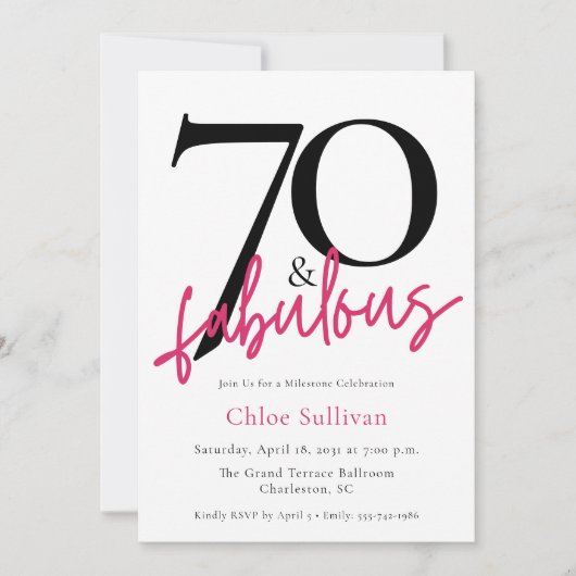 70 & Fabulous Pink Script Chic Birthday Party 招待状 (正面)