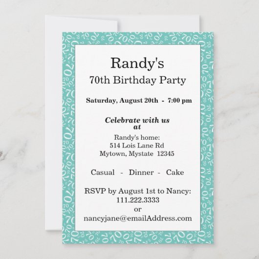 70 Random Number Pattern Teal/White 70th 招待状 (正面)