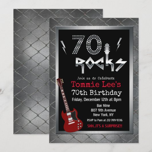 70 Rocks ロックスター ギター 70歳の誕生日 招待状 (正面/裏面)