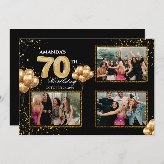 70 th Birthday Gold Silver Black Balloons 招待状 (正面/裏面)