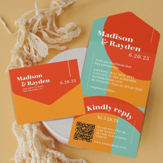 70sカラフルレトロ抽象芸術写真QRコード結婚s オールインワン招待状