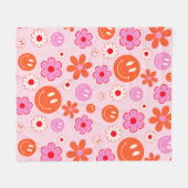 70sカラフル溝型フラワースマイル顔パターン フリースブランケット (正面(横))