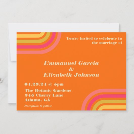 70sスタイルブライトオレンジピンクレトロ結婚ズ 招待状 (正面)