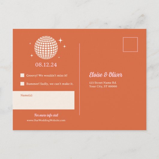 70sディスコの輝きカラフルモダンレトロ結婚の ポストカード (裏面)