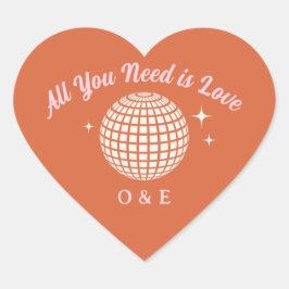 70sディスコボール輝くレトロ結婚のイニシャル ハートシール