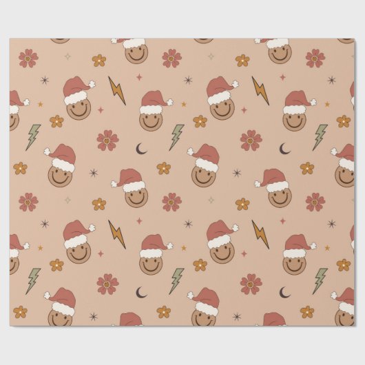 70sノスタルジアレトログルービーハッピー顔クリスマス ラッピングペーパー (フラット)