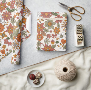 70sノスタルジアレトログルービーフラワークリスマス ラッピングペーパー