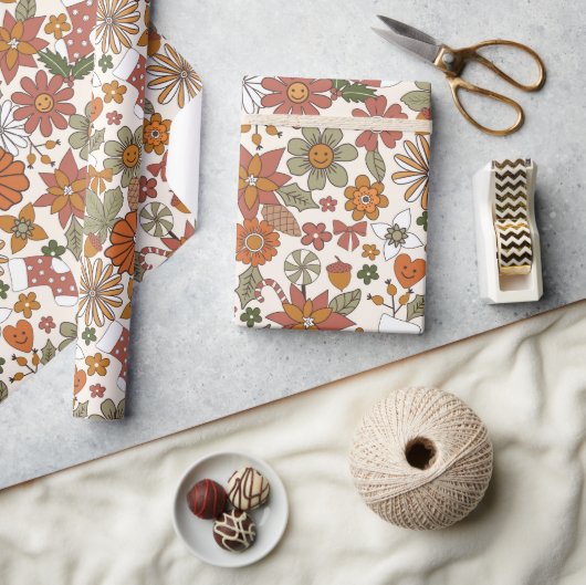 70sノスタルジアレトログルービーフラワークリスマス ラッピングペーパー (クラフト)