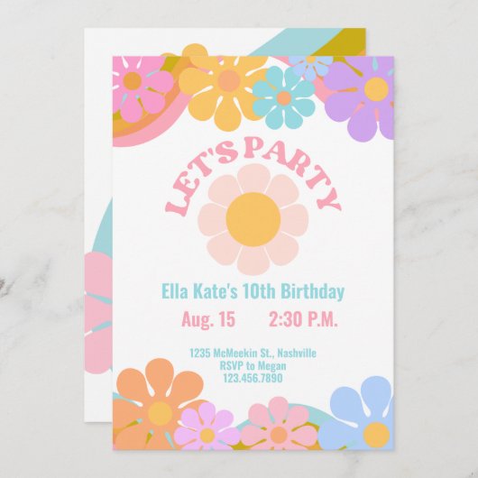 70sフラワーパワー誕生日招待状、70sレトロ 招待状 (正面/裏面)