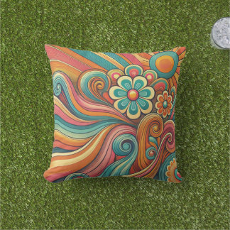 70sフローラサイケデリックデザイン- Groovy Artレトロ アウトドアクッション