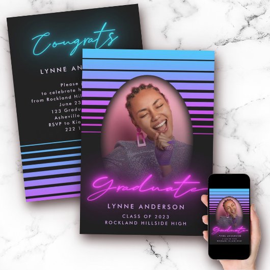 70sモダンレトロネオン写真卒業 招待状