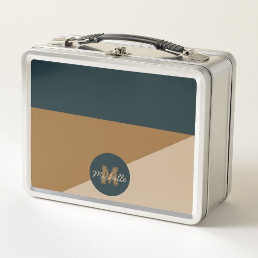 70sモノグラムのヴィンテージグリーンブラウン色ブロック メタルランチボックス (正面)