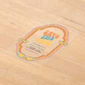 70sレトロカラフルGroovy Wedding日付を保存 アクリル招待状 (レイダウン)