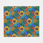 70sレトロフローラブルー装飾用クッション フリースブランケット (正面(横))