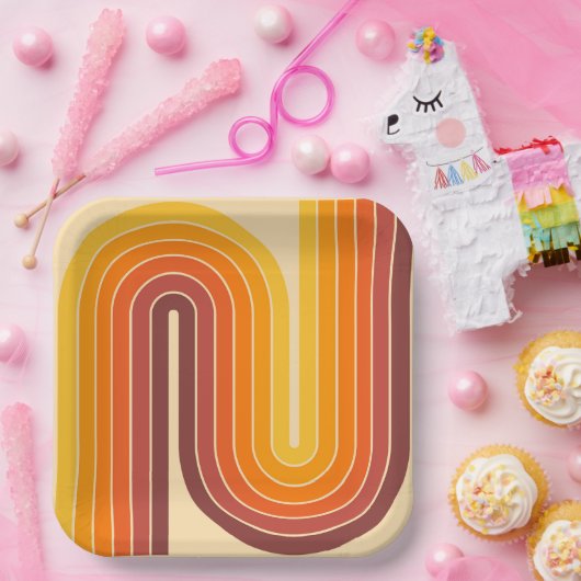 70sレトロヴィンテージスタイル幾何学的デザイン ペーパープレート (パーティー)