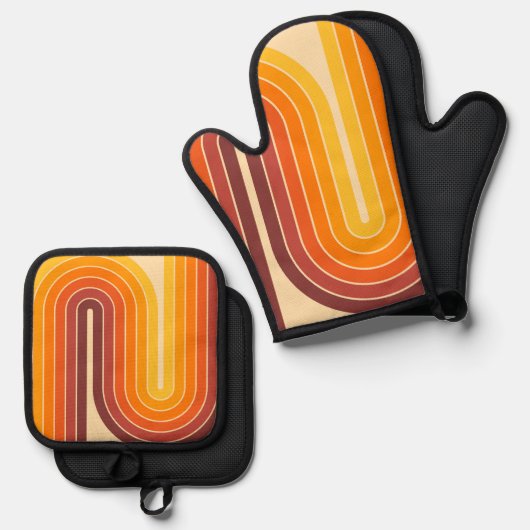 70sレトロヴィンテージスタイル幾何学的デザイン 鍋つかみ&鍋敷きセット (正面/裏面)