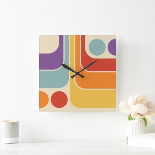 70sレトロヴィンテージスタイル幾何学的パターン スクエア壁時計 (ホーム)