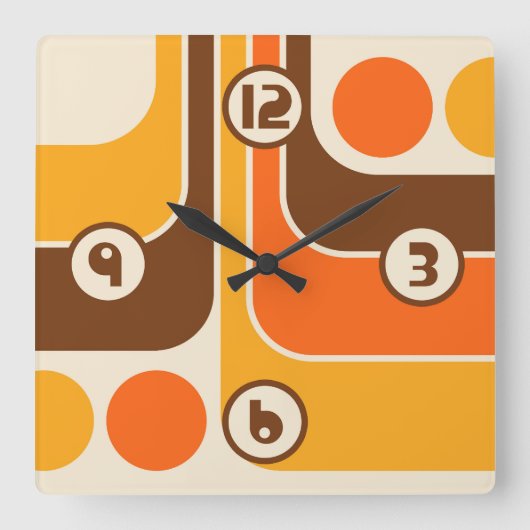 70sレトロヴィンテージスタイル幾何学的パターン スクエア壁時計 (正面)