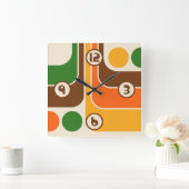 70sレトロヴィンテージスタイル幾何学的パターン スクエア壁時計 (ホーム)