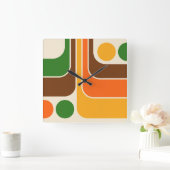 70sレトロヴィンテージスタイル幾何学的パターン スクエア壁時計 (ホーム)