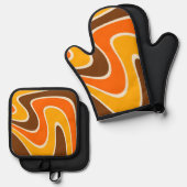 70sレトロ抽象芸術ラバオーブンミットとポットホルダー 鍋つかみ&鍋敷きセット (正面/裏面)