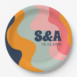 70sレトロGroovyウェーブパステルピンクブルー結婚ズ ペーパープレート