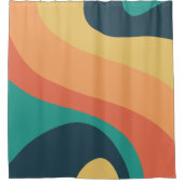 70sレトロGroovyパターンティール(緑がかった色)、オレンジ、黄色 シャワーカーテン (正面)