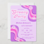70sレトロGroovyパーティーデイジー紫誕生日 招待状 (正面)