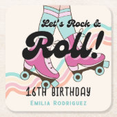 70sロックアンドロールのローラースケートで滑るパーティーの好意 スクエアペーパーコースター (正面)