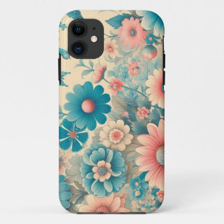 70sヴィンテージメドーブルー&ピンク花模様 iPhone 11 ケース