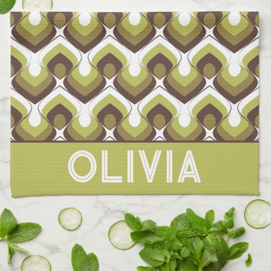 70s Bold Modern Retro Ogee Motif in Greens キッチンタオル (折り畳み)