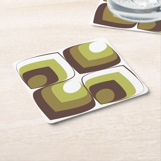 70s Bold Modern Retro Ogee Motif in Greens スクエアペーパーコースター (アングル)