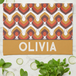 70s Bold Retro Modern Motif in Orange & Brown キッチンタオル