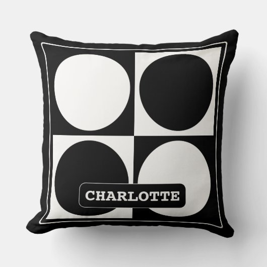 70s Checks and Circles Black and White クッション (正面)