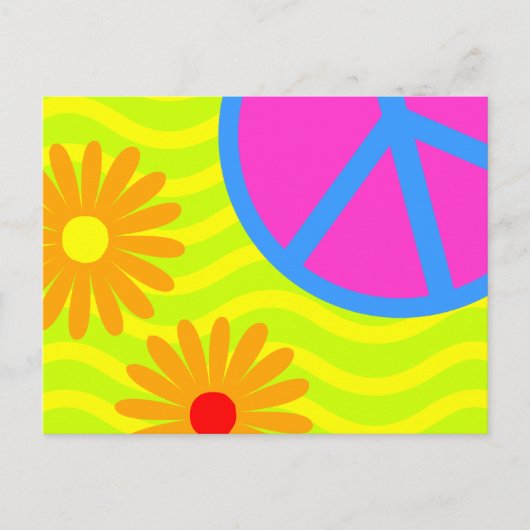 70's Hippie Peace Sign and Flowers ポストカード (正面)