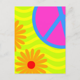70's Hippie Peace Sign and Flowers ポストカード