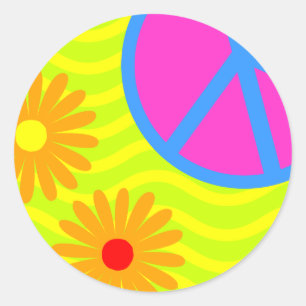 70's Hippie Peace Sign and Flowers ラウンドシール