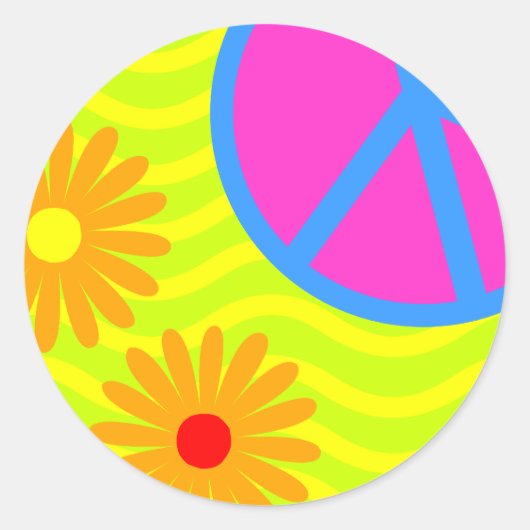 70's Hippie Peace Sign and Flowers ラウンドシール (正面)