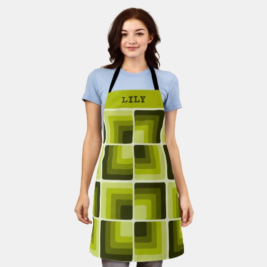 70s Rainbow Squares Monochrome Green エプロン (着用した状態)